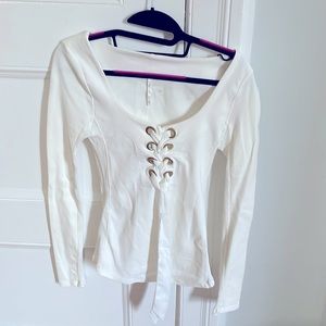 Free people small off-white cream lace up bodycon long-sleeve shirt
